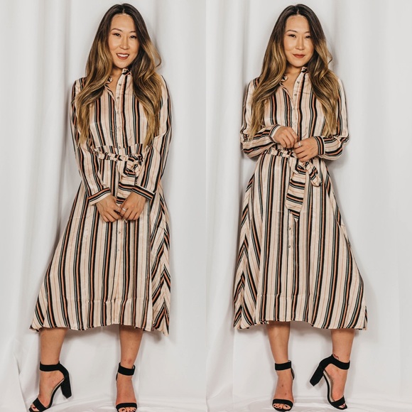 NEW // Striped Button Down Midi Dress - Peach - Picture 1 of 8